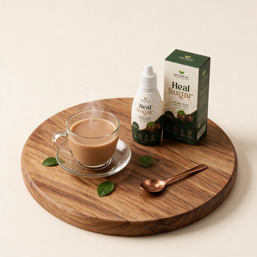 Heal Sugar monk fruit sweetener drops bottle and carton with a bone china teacup and monk fruit