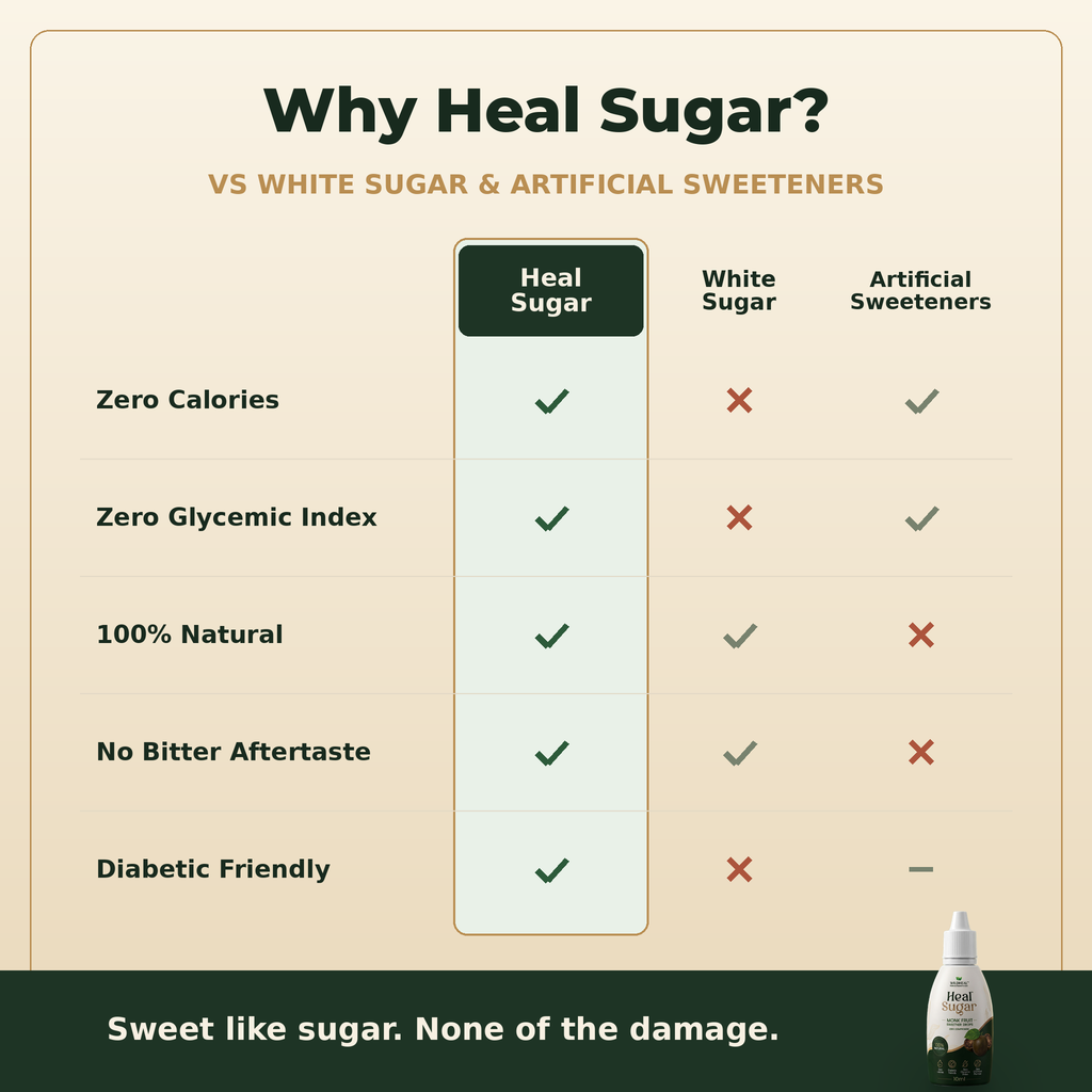 Heal Sugar vs white sugar vs artificial sweeteners comparison table