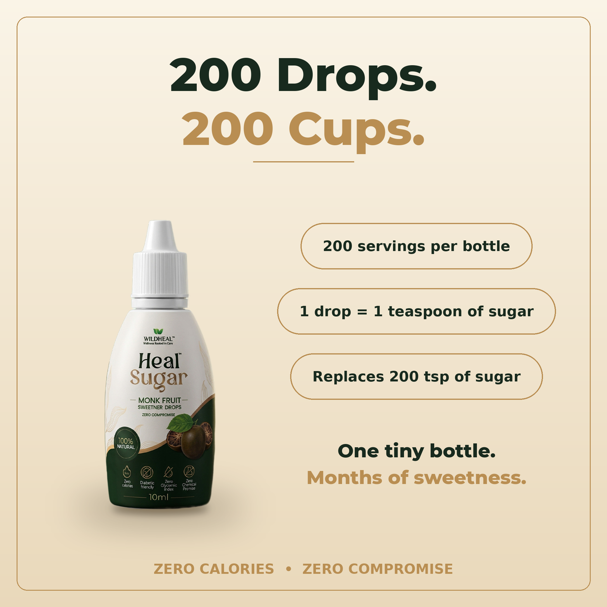 200 drops equals 200 cups - one 10ml Heal Sugar bottle replaces 200 teaspoons of sugar
