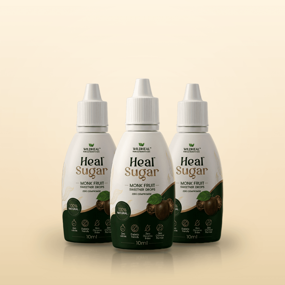 Three white plastic dropper bottles of monk fruit sweetener stand side-by-side on a light beige background, each featuring dark green labels with the product name Heal Sugar in bold lettering.