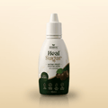 A small white bottle of monk fruit sweetener drops with a white cap, featuring dark green and tan labels with illustrations of monk fruit, standing against a light beige background.