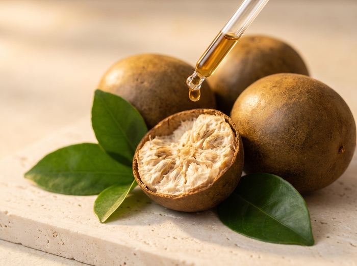 Whole and halved monk fruit beside a dropper of golden extract