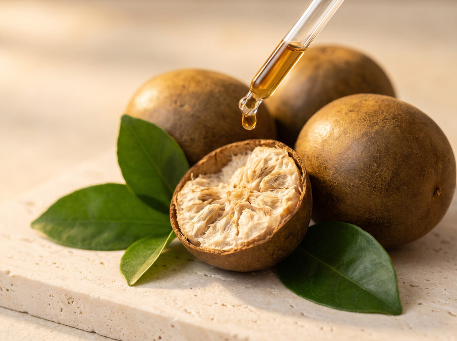 Whole and halved monk fruit beside a dropper of golden extract