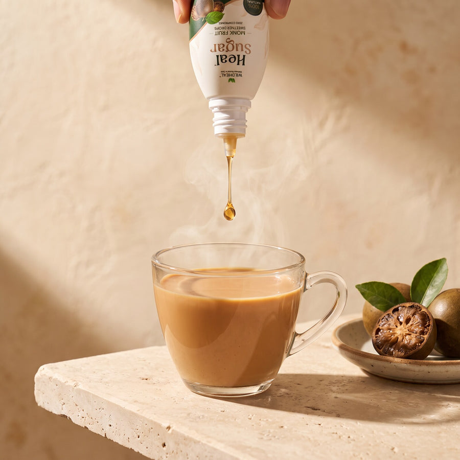 A drop of Heal Sugar falling into a glass cup of masala chai