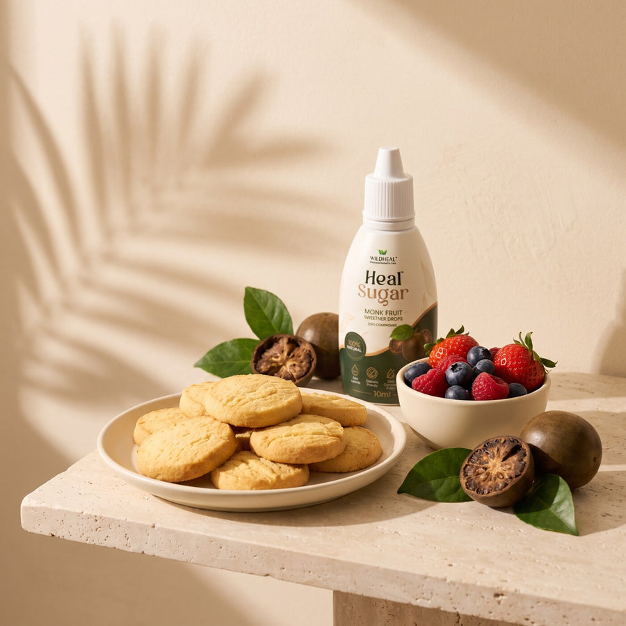 Shortbread biscuits and fresh berries sweetened with Heal Sugar monk fruit drops